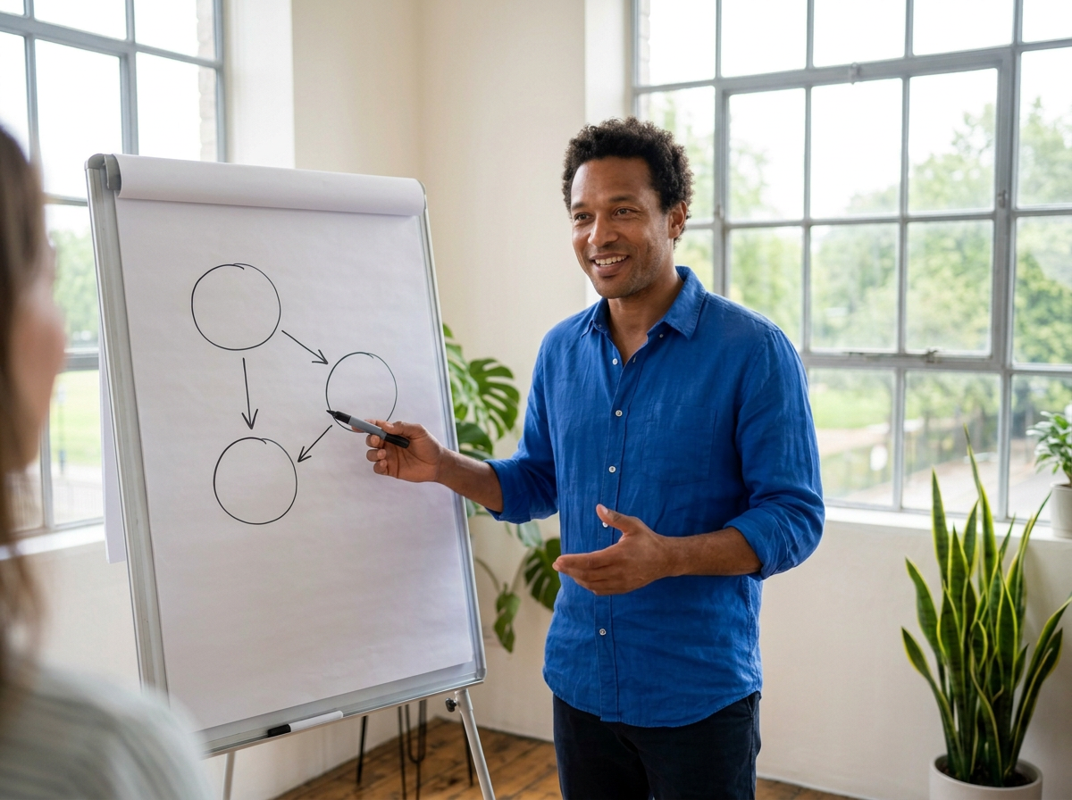 Coach bei der gemeinsamen Arbeit am Flipchart